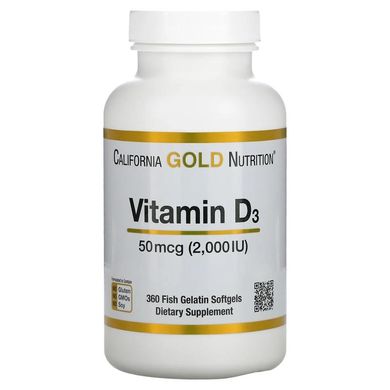 California Gold Nutrition, витамин D3, 50 мкг (2000 МЕ) 360 капс Витамины