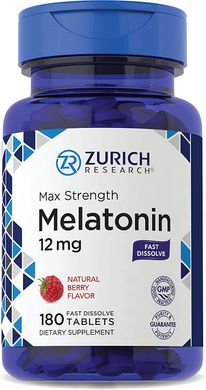 Zurich Research	Melatonin 12 mg 180 таблеток (Natural Berry) Для мозговой активности, нервной системы и сна