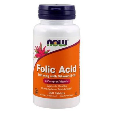 NOW Folic Acid 800 мкг 250 таблеток Фолиевая кислота (B9)
