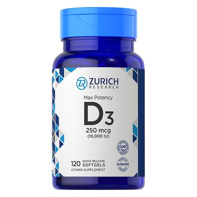 Zurich Research	Vitamin D3 10,000 IU 120 софт-гелеві капсули  Вітаміни