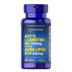 Puritan's Pride Acetyl L-Carnitine 400 mg with Alpha Lipoic Acid 200 mg 30 капс Альфа-ліпоїва кислота