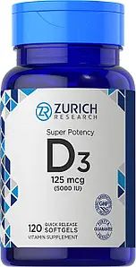 Zurich Research	Vitamin D3 5000 IU 120 софт-гелеві капсули  Вітаміни