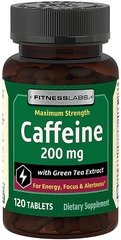 FitnessLabs	Caffeine 200 mg with Green Tea 120 табл Для мозкової активності, нервової системи і сну