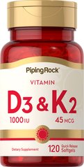 Piping Rock	Vitamin D3 1000 IU + K2 45 mcg 120 софт-гелеві капсули Вітаміни