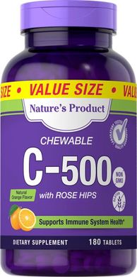 PipingRok Chewable Vitamin C 500 mg with Rose Hips (Natural Orange), 180 Жувальних таблеток Вітаміни